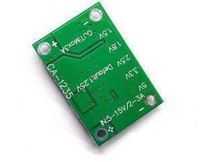 Adjustable Buck Convertor Module Ca 1235 DSO198-61E 1.25V 1.5V 1.8V 2.5V 3.3V 5V - a green rectangular circuit board with labeled voltage output pads and input/output connection points.