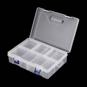 Adjustable Double Layer Component Organizer Tool Container Storage Box F240 - a clear plastic storage case with two blue latches and internal dividers.