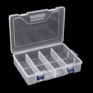 Adjustable Double Layer Component Organizer Tool Container Storage Box F240 - a clear plastic storage box with an open lid and two blue locking latches.