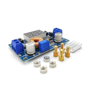 Adjustable Step Down Power Supply Module With Voltmeter Display XL4015 - a blue circuit board, a digital display, and included brass standoffs.