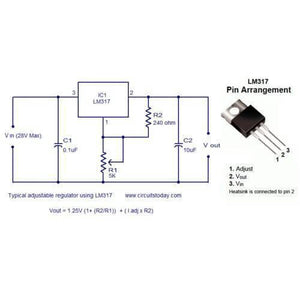 Adjustable Voltage Regulator LM317 - the IC pin arrangement, resistor and capacitor connections, and the output voltage formula.