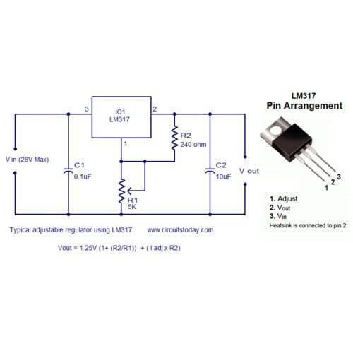 Adjustable Voltage Regulator LM317 - the IC pin arrangement, resistor and capacitor connections, and the output voltage formula.