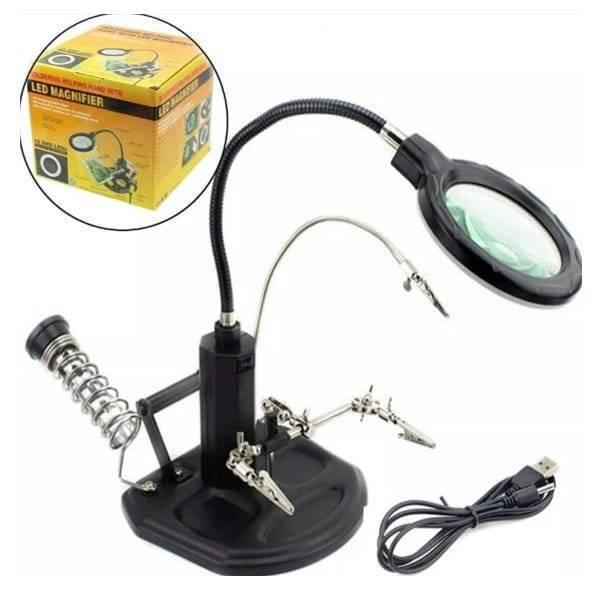 Advanced 2.5x-4x 16 SMD LEDS Desk Lamp Iron Soldering Base Magnifier Glass Helping Hand Station Stand - a black adjustable station with a magnifying glass, soldering iron holder, and USB cable.