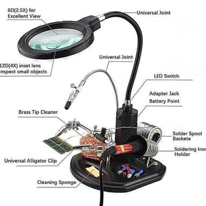 Advanced 2.5x-4x 16 SMD LEDS Desk Lamp Iron Soldering Base Magnifier Glass Helping Hand Station Stand - a black multi-function station with a magnifying glass, alligator clips, and holder.