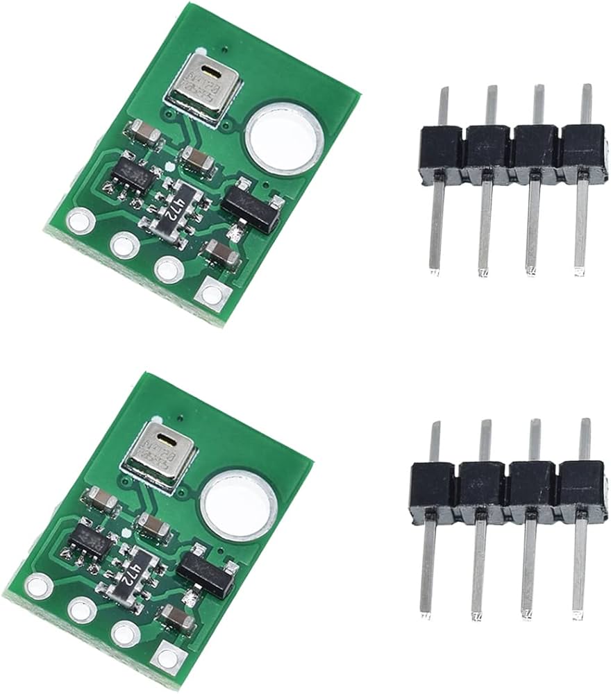 AHT20 I2c Temperature And Humidity Sensor High Precision Digital Module Arduino - two green circuit boards with sensors and two sets of four-pin male headers.