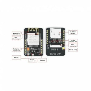 AI Thinker ESP32 Cam Development Board WiFi Bluetooth OV2640 Camera Module - front and back views with labels for the camera module, TF card holder, reset button, and connectors.