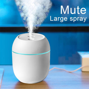 Air Humidifier USB Small 220 ML Mini Portable Cool Mist Diffuser For Bedroom Office Desk Car Travel Atomizer,white - oval-shaped device emitting mist with a glowing blue light band.