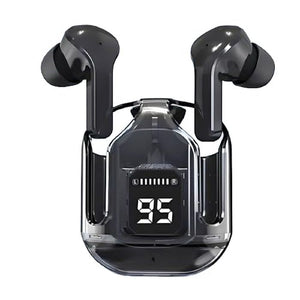 AIR31 Wireless True Headphones - In-ear Headphone - a pair of black in-ear headphones resting in a transparent charging case with a digital display showing the number 95.