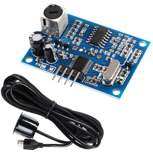 AJ-SR04M V3.0 Waterproof Ultrasonic Distance Sensor - with a blue circuit board featuring a power jack, header pins, and a connected waterproof sensor probe.