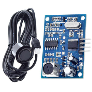 AJ-SR04M V3.0 Waterproof Ultrasonic Distance Sensor - a blue circuit board with a four-pin header and a black waterproof sensor probe with a cable.