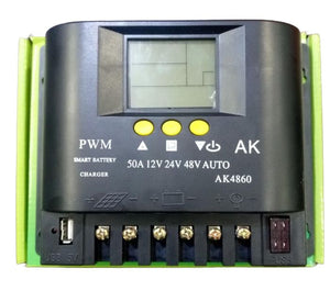 AK4860 50A Solar Charge Controller PWM Type - a black rectangular PWM unit with a blank LCD screen, three yellow buttons, screw terminals, a USB port, and a fuse.