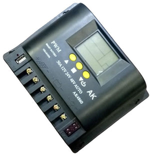 AK4860 50A Solar Charge Controller PWM Type - a black rectangular PWM unit with a blank LCD screen, three yellow buttons, a USB port, and terminal screw blocks.