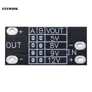 AL253 Boost Converter For Internet Router 5V 9V 12 DC Output Mini Converter Boost Step Ptcl D Link Tp Link - a small black rectangular circuit board showing a voltage selection table for 5V, 8V, 9V, and 12V outputs with input/output pads.