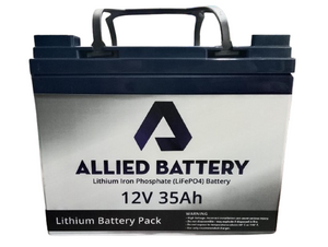 Allied Battery 12V 35Ah Lithium Iron Phosphate (LiFePO4) Battery - in a rectangular blue and silver case with a black carrying handle and two top terminals.
