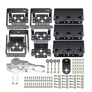 Aluminium Robot 6 Dof Arm Claw Mount Kit Mechanical Robotic Arm For Arduino - a flat-lay of black metal brackets, a silver mechanical claw, ball bearings, and assorted screws.