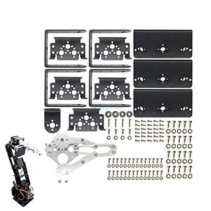 Aluminium Robot 6 Dof Arm Claw Mount Kit Mechanical Robotic Arm For Arduino - a disassembled mechanical arm with black metal brackets, a silver claw, servos, and various screws and nuts.