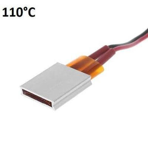 Aluminium Thermostat Heating Element Plate 12V 110°c - a flat rectangular metal heater with two insulated wires connected to one side.