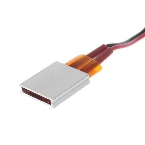 Aluminium Thermostat Heating Element Plate 12V 70℃ - a rectangular silver metal heating plate with two attached wires and orange insulation.