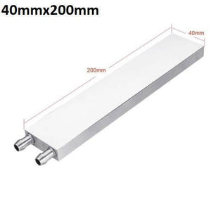 Aluminium Water Cooling Block 40mm x 200mm For Liquid Water Cooler Heat Sink System - shown as a rectangular silver metal heat sink with two protruding hose connectors at one end.