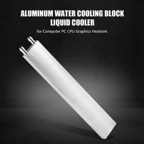 Aluminium Water Cooling Block 40mm x 200mm For Liquid Water Cooler Heat Sink System - a long, rectangular silver metal heatsink featuring two small metal hose connectors at one end.