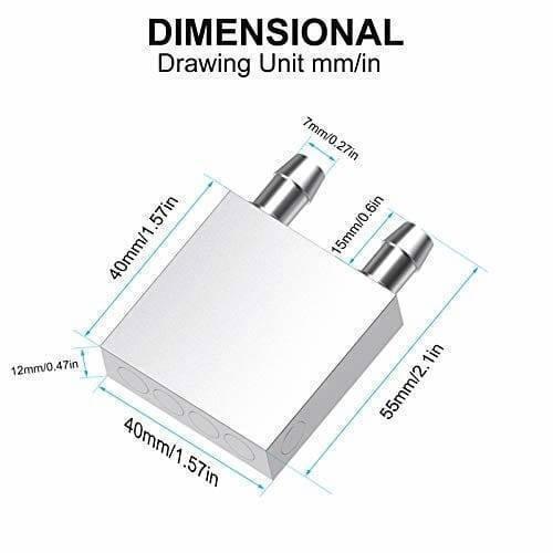Aluminium Water Cooling Block 40mm x 40mm For Liquid Water Cooler Heat Sink System - a dimensioned technical diagram showing the silver block with two hose barbs and its physical measurements.