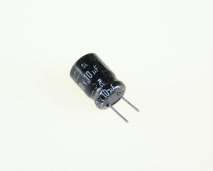 Aluminum 10uF 50V Electrolytic Capacitor - a small black cylindrical component with two metal leads extending from one end.