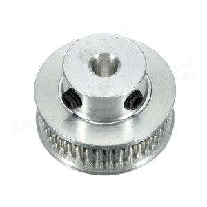 Aluminum GT2 Timing Pulley 36 Tooth 5mm Bore For 6mm Belt 36 Teeth - a silver-colored metal gear with a central bore and two small black set screws.