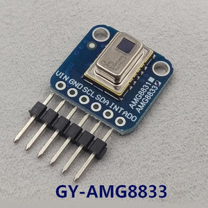 AMG8833 IR Thermal Imager Temperature Sensor Module 8x8 Array Thermal Camera Breakout - a blue rectangular circuit board with a metallic sensor, six header pins, and labels for VIN, GND, SCL, SDA, INT, and ADO.