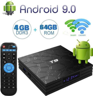 Android Smart Tv Box T9 4GB + 64GB Quad Core 4k Ultra HD 9.0 v - a black patterned device with a digital clock display, a remote control, and Android 9.0, 4GB RAM, and 64GB ROM text.