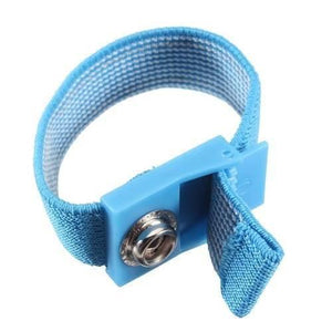 Anti-static ESD Wrist Strap With Grounding Wire – Electrostatic Discharge Protection Bracelet - blue fabric wristband featuring a plastic housing with a metal snap button connector.
