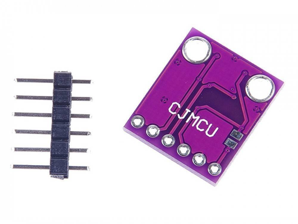 Apds-9930 RGB Infrared Gesture Sensor - a purple circuit board with a six-pin header connector next to it.