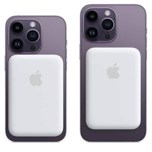 Apple iPhone Power Bank MagSafe Battery Pack - shown in white attached to the back of two purple iPhones of different sizes.