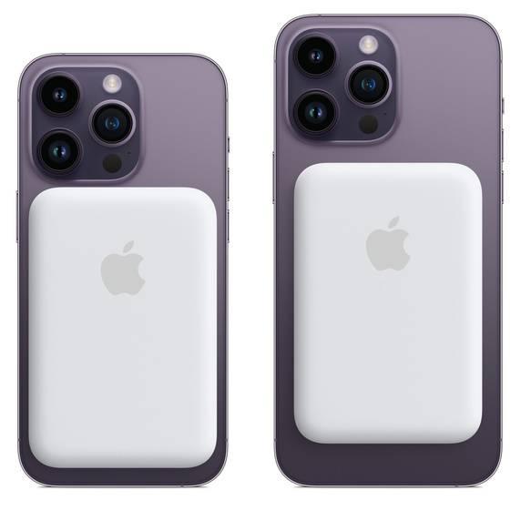 Apple iPhone Power Bank MagSafe Battery Pack - shown in white attached to the back of two purple iPhones of different sizes.