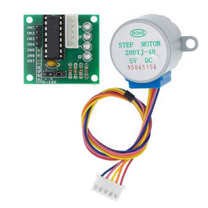Arduino 28BYJ48 5V Stepper Motor With ULN2003 Driver - board, featuring a green circuit board with seven input pins and a white motor with a five-wire cable.