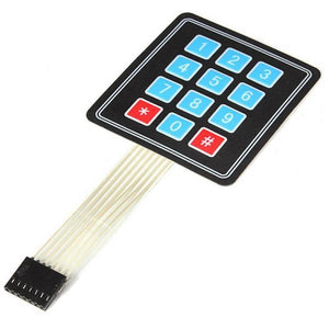 Arduino 3x4 Keypad 4×3 Matrix 12 Keys Membrane Switch Keypad - a black rectangular keypad with 12 blue and red buttons and a flat ribbon cable.