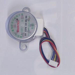 Arduino 5V Stepper Motor 24BYJ - a circular silver motor with a white plastic connector and a five-wire ribbon cable attached.