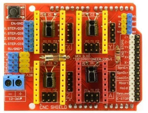 Arduino CNC Shield V3 A4988 DRV8825 Driver Expansion Board - a red rectangular circuit board with a reset button, header pins, jumper blocks, and a power terminal.