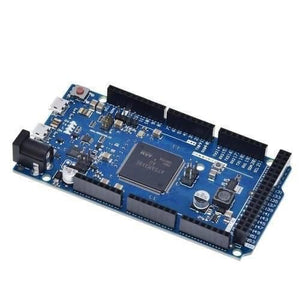 Arduino Due AT91SAM3X8E Arm Cortex-M3 Board With USB Cable - a blue rectangular microcontroller board featuring a central processor, black pin headers, and power ports.