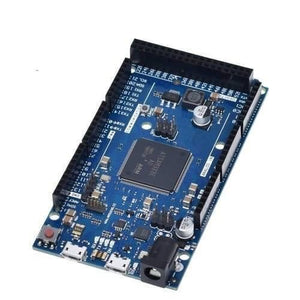 Arduino Due AT91SAM3X8E Arm Cortex-M3 Board With USB Cable - a blue rectangular microcontroller with a central processor, black pin headers, two USB ports, and a power jack.