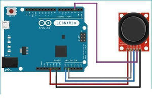 Arduino Leonardo R3 Board – ATMEGA32U4 Microcontroller, 20 I/o Pins, USB, 16MHz - connected by wires to a red analog joystick module, showing the wiring layout between the board's pins and the joystick.