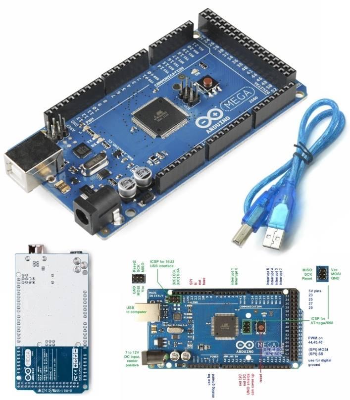 Arduino Mega 2560 R3 - shown with a blue USB cable, a top-down view of the board, and a diagram labeling its ports, pins, and power input.