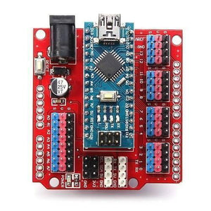 Arduino Nano Sensor Shield Nano I/o Expansion Board Prototype Shield - a red PCB with a blue Arduino Nano mounted, featuring multiple pin headers and a power jack.
