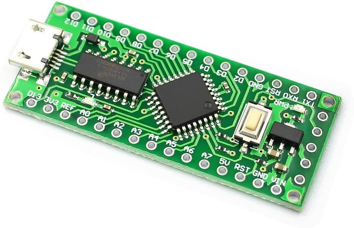 Arduino Nano V3.0 ATMEGA328P Clone LGT8F328P - a green rectangular microcontroller board featuring a micro-USB port, a reset button, and pin headers.