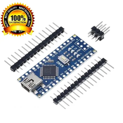 Arduino Nano V3 - shown with a blue circuit board, a USB port, a reset button, and two separate rows of header pins.