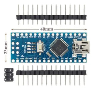 Arduino Nano V3 - shown from above with a blue circuit board, a mini-USB port, a reset button, two rows of header pins, and dimension labels.