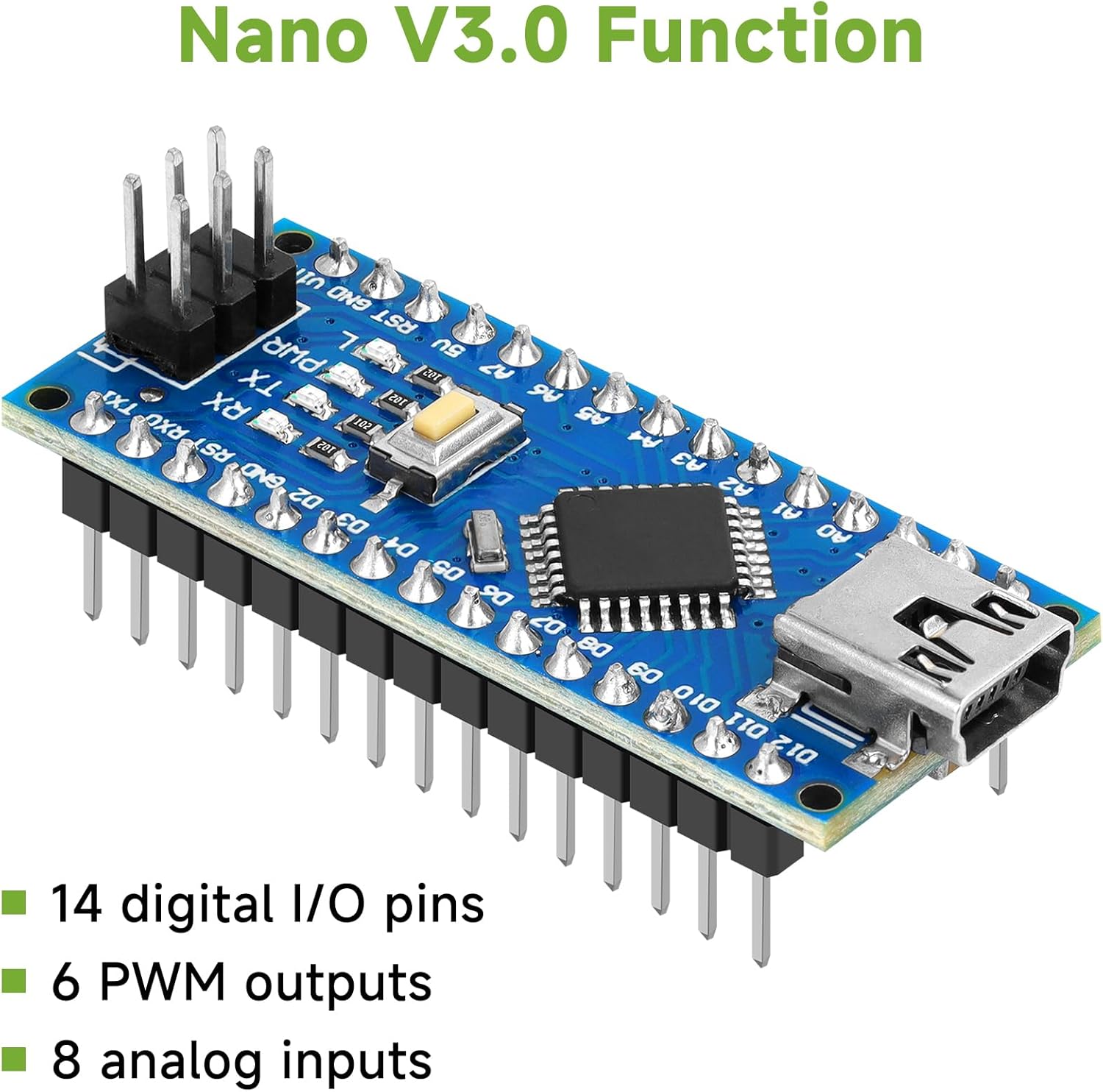 Arduino Nano V3 With Cable ATMEGA328 - a blue circuit board with a mini-USB port, a reset button, header pins, and various labeled digital and analog input/output pins.