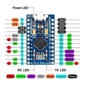 Arduino Pro Micro 5V 16M ATMEGA32U Rubber Ducky Rubberducky - a blue rectangular circuit board with a micro-USB port, pin headers, and a diagram showing pinout labels.