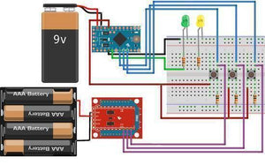 Arduino Pro Mini 3.3V 8MHz ATMEGA328P - shown in a circuit diagram with a 9V battery, a 4xAAA battery pack, a red sensor module, LEDs, and push buttons.