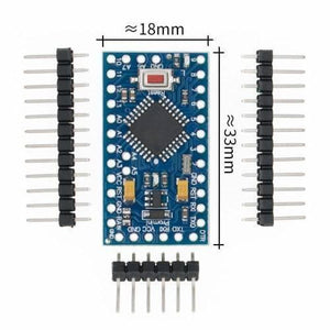 Arduino Pro Mini 5V 16MHz ATMEGA328 - shown as a blue rectangular circuit board with a reset button and three sets of header pins with dimension labels.