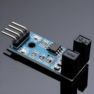 Arduino RPM Sensor Rotational Speed Measuring Sensor - a blue circuit board, a U-shaped black optical sensor, four output pins, and two LEDs.
